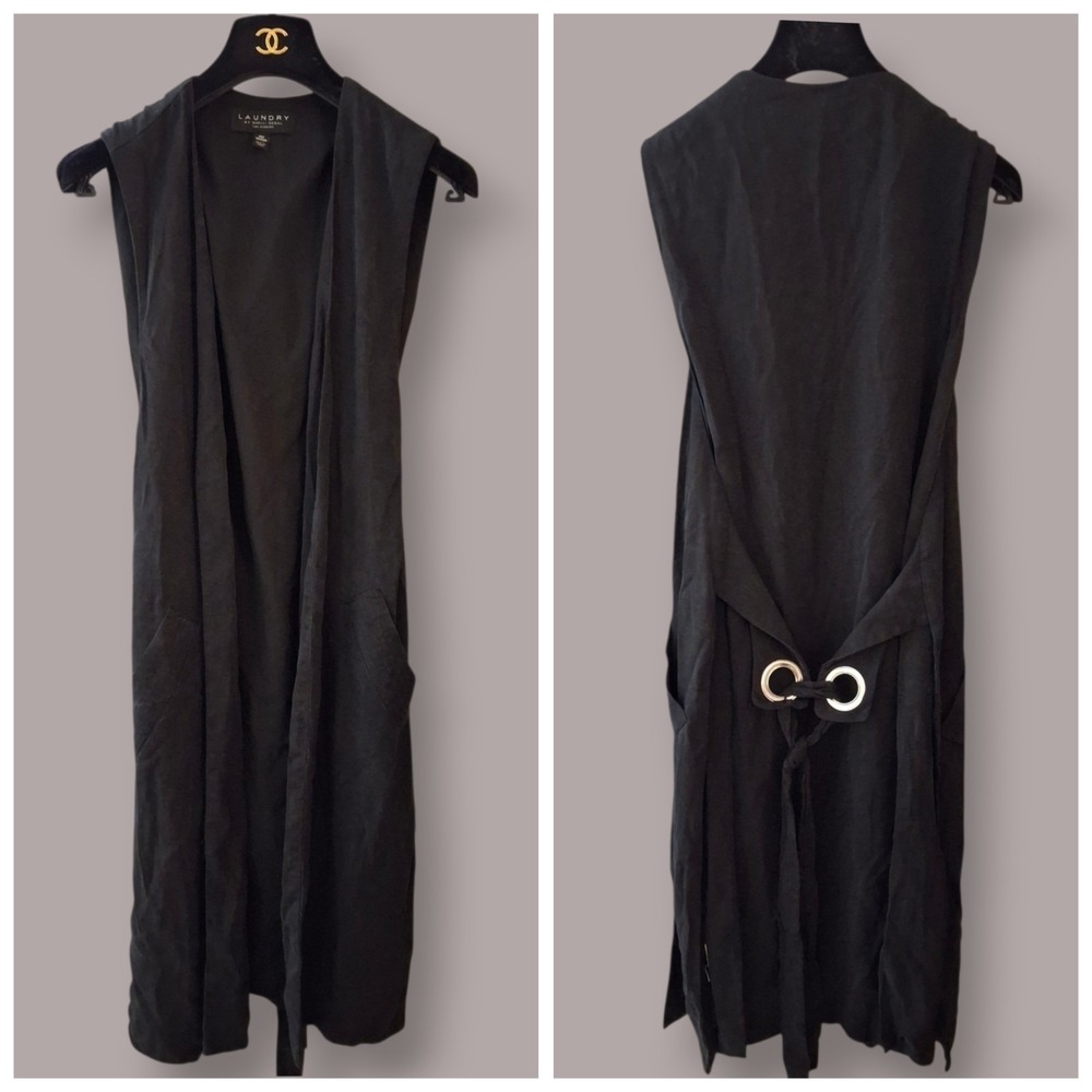 Shelli Segal Gothic Black Long Vest Duster Open Sides Pockets Oversized XS